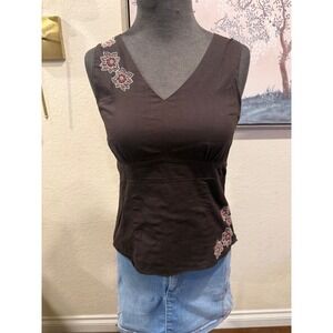 Ann Taylor‎ Brown Cotton Embroidered Sleeveless V-Neck Top Size 0 145860